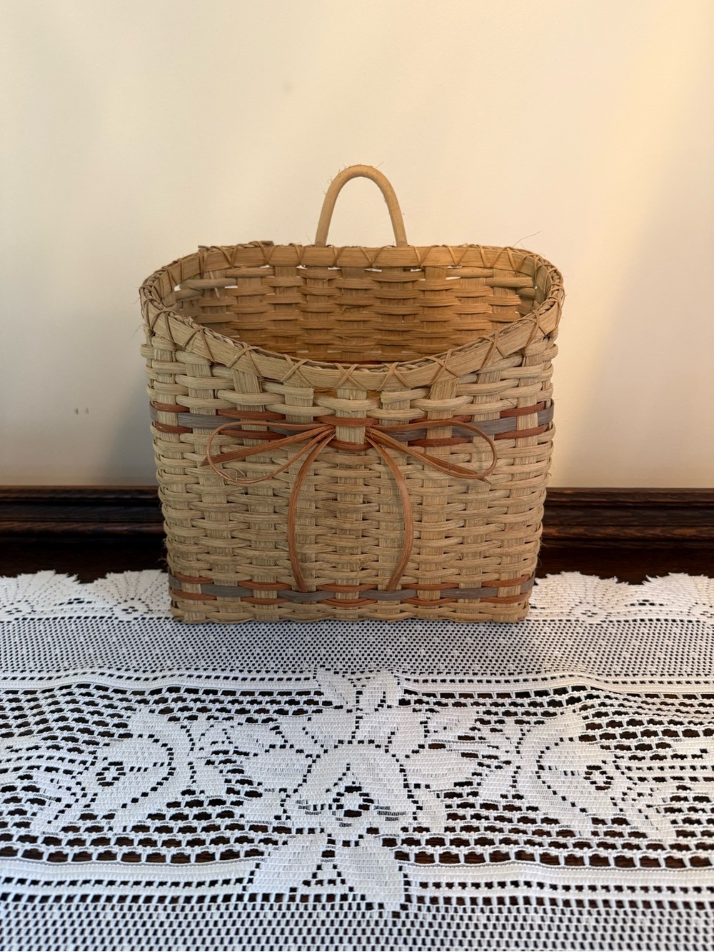 Vtg Hand Woven Basket with Rust Bow & Blue Accents Signed 1989 Rustic Country